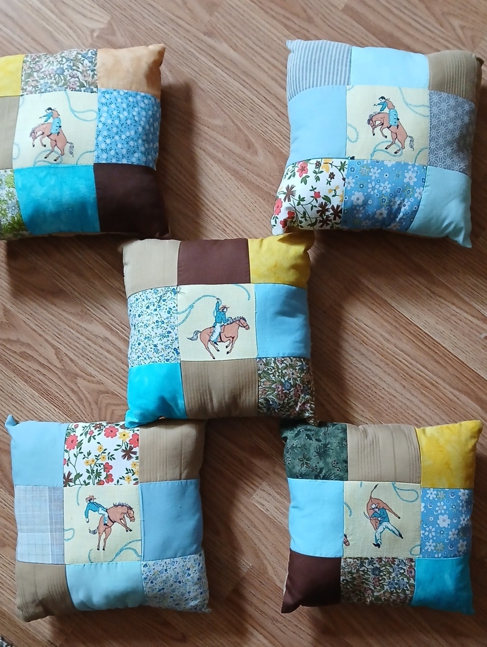 Patchwork Cowboy Print Holiday Throw Pillow - Blue, Brown, Yellow
